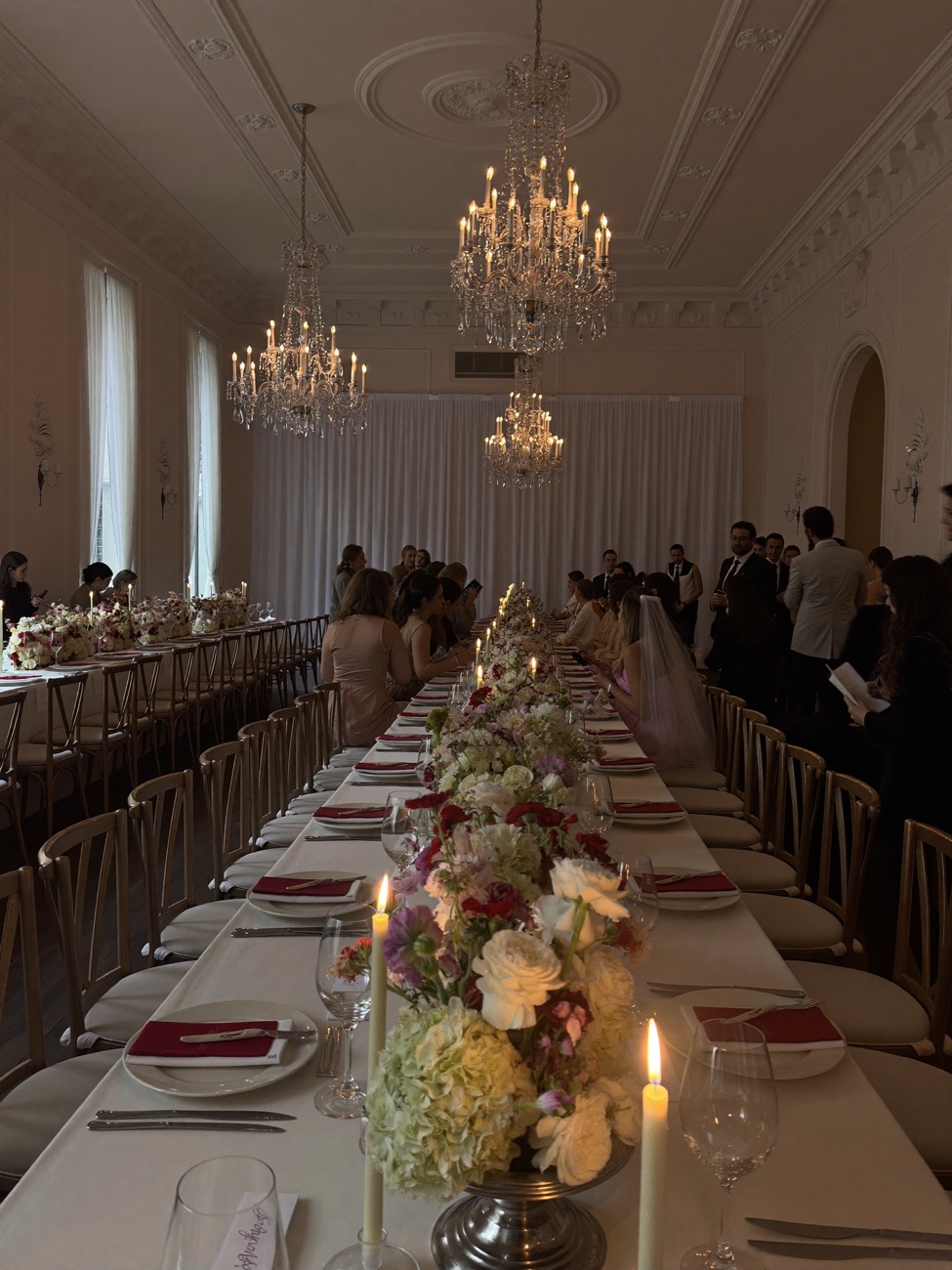 Reception · wide, chandeliers
